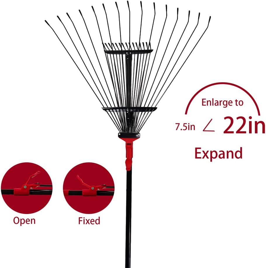 VULTURE Sand trap rakes 64 inch Adjustable Garden Rake Leaf, Folding Leaves Rake Tools Metal Rake, Expandable Head from 7.5 inch to 22 inch, Telescoping Handle up to 32.5 inch, Collect Leaves and Trash from Lawns and Yards.