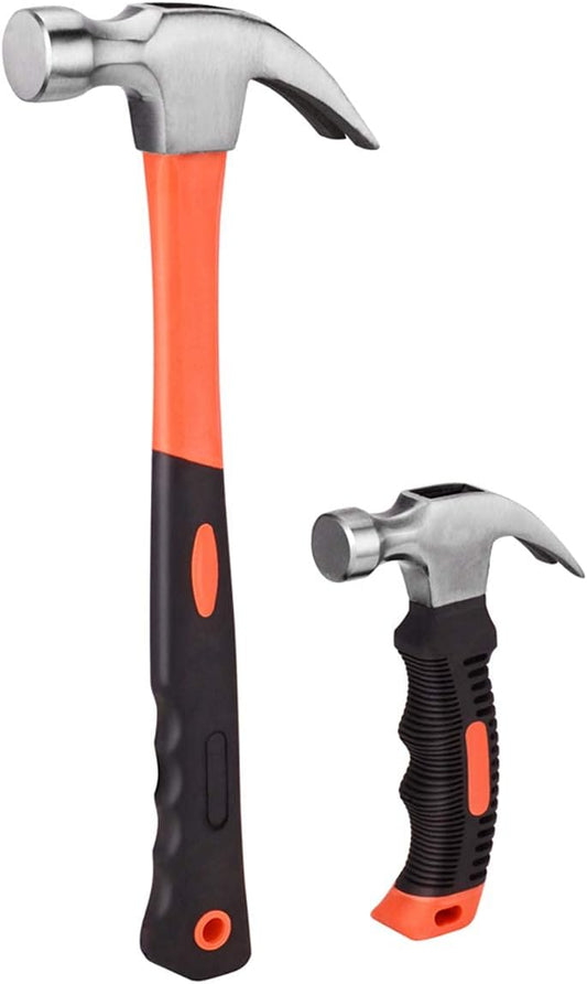 VULTURE Bushhammers 2 Piece Hammer Set,includes 1 Pack 8 OZ Mini Stubby Claw Hammer and 1 Pack 16 OZ Fiberglass General Purpose Claw Hammer,Soft Nonslip Handle & Heat Treated Head,