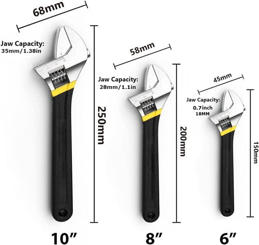 VULTURE Wrenches 3-Piece Adjustable Wrench Set - 6/8/10 Inch - Handheld Movable Spanner Set for Automotive Repair and DIY - Tighten or Loosen Nuts and Bolts with Ease