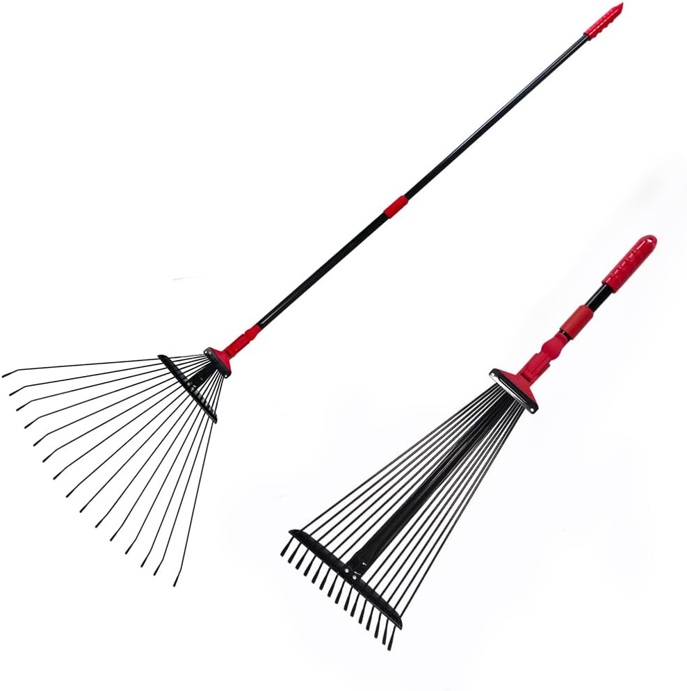 VULTURE Sand trap rakes 64 inch Adjustable Garden Rake Leaf, Folding Leaves Rake Tools Metal Rake, Expandable Head from 7.5 inch to 22 inch, Telescoping Handle up to 32.5 inch, Collect Leaves and Trash from Lawns and Yards.