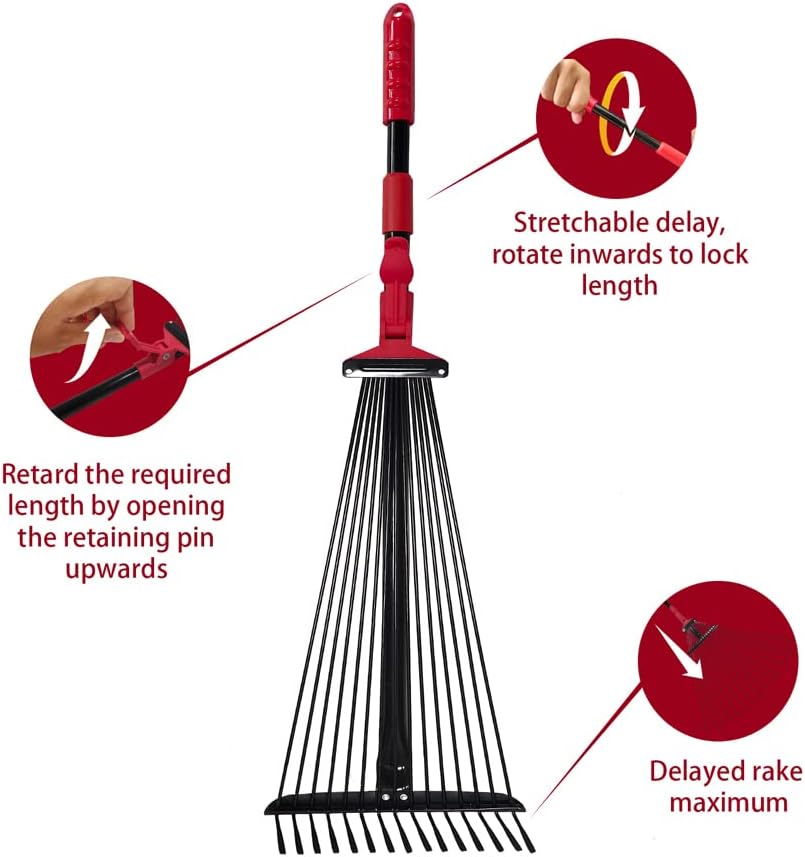 VULTURE Sand trap rakes 64 inch Adjustable Garden Rake Leaf, Folding Leaves Rake Tools Metal Rake, Expandable Head from 7.5 inch to 22 inch, Telescoping Handle up to 32.5 inch, Collect Leaves and Trash from Lawns and Yards.
