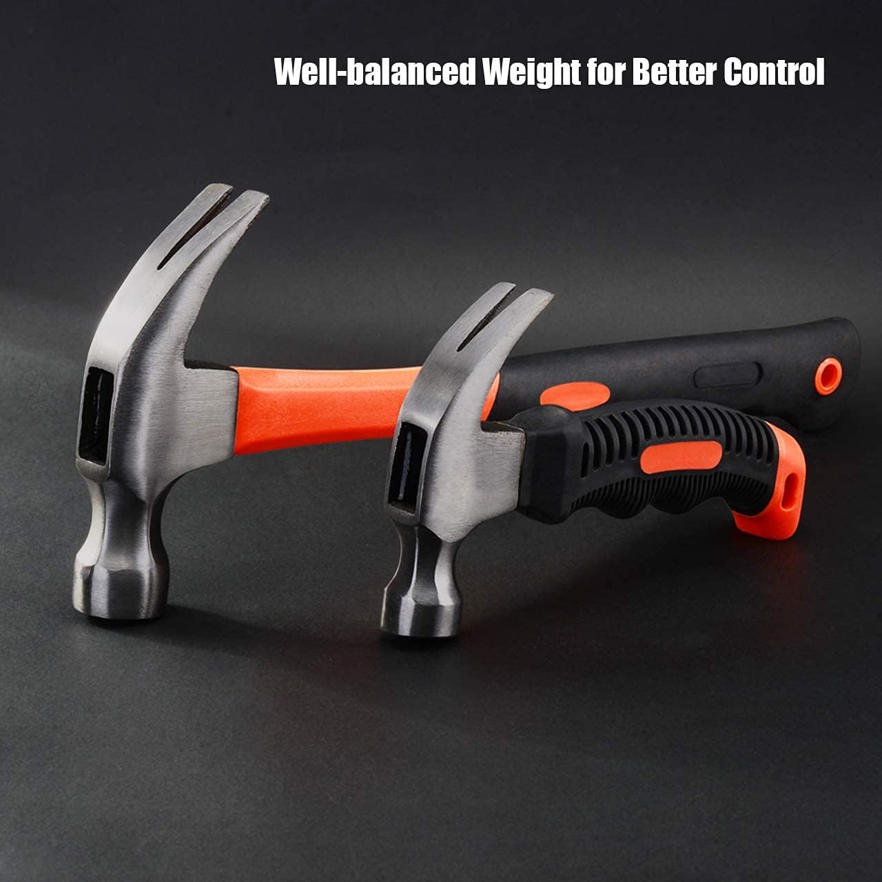 VULTURE Bushhammers 2 Piece Hammer Set,includes 1 Pack 8 OZ Mini Stubby Claw Hammer and 1 Pack 16 OZ Fiberglass General Purpose Claw Hammer,Soft Nonslip Handle & Heat Treated Head,
