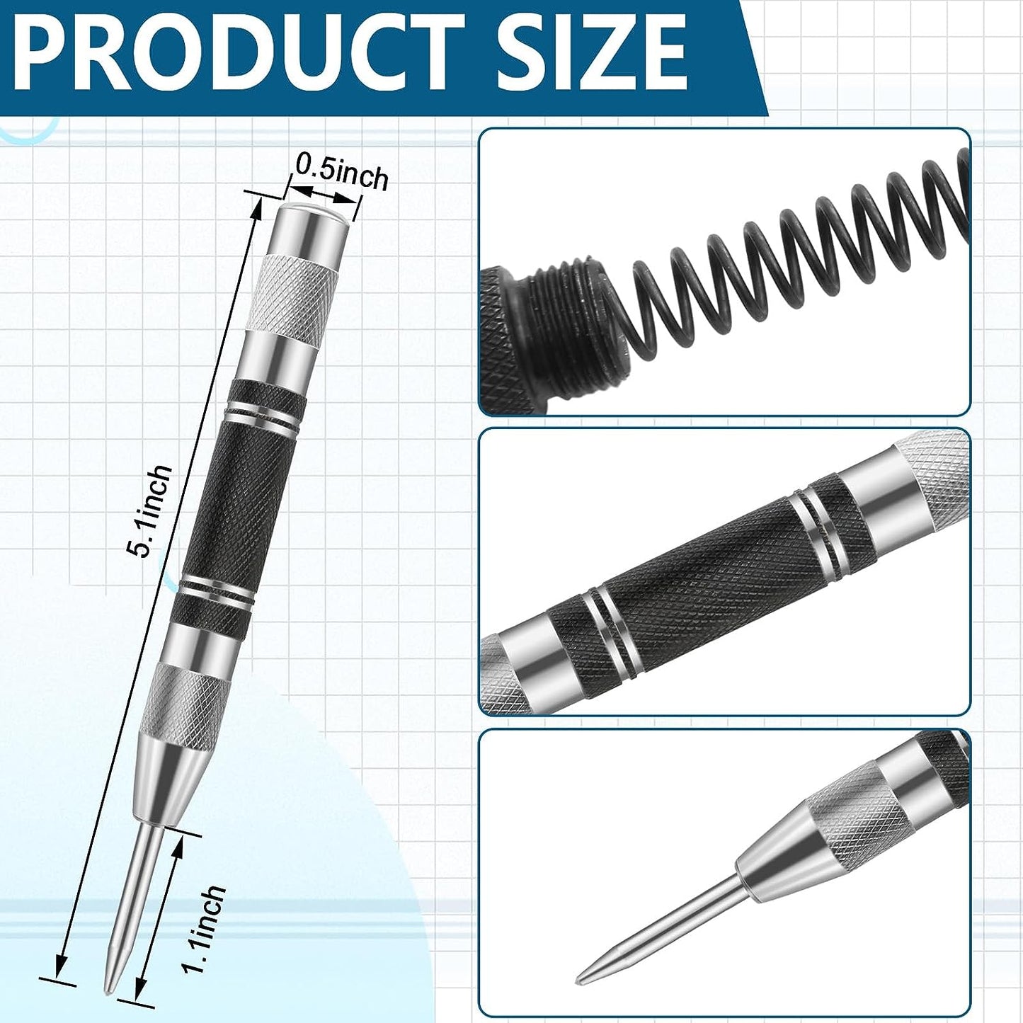 VULTURE Hand drills, hand-operated 2-Piece Duty Automatic Center Punch, Adjustable 5 InchSteel Spring Loaded Center Hole Punch Marker Scriber Tool, for Metal Wood Glass Plastic, Two Extra Replacement Tips