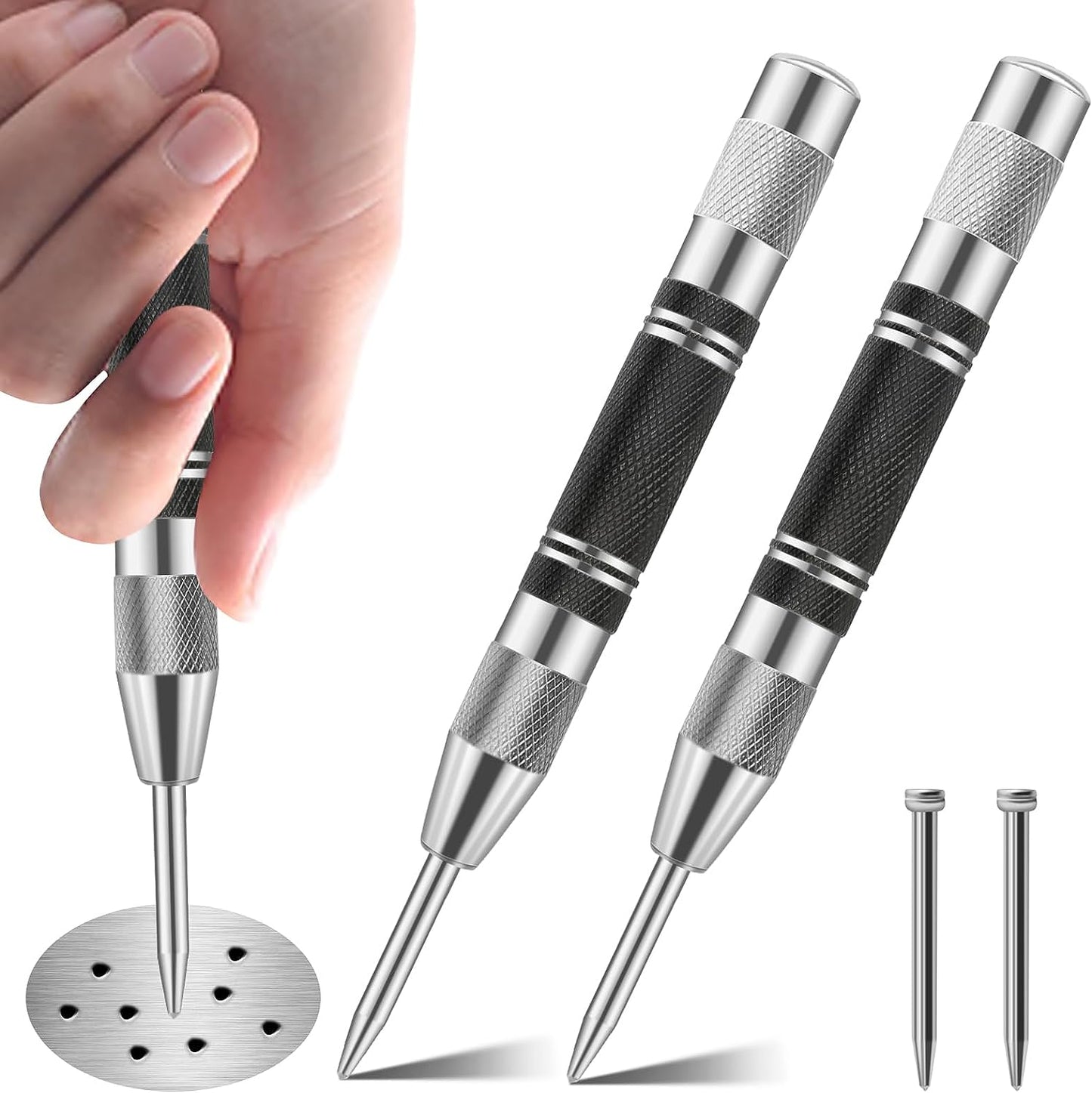 VULTURE Hand drills, hand-operated 2-Piece Duty Automatic Center Punch, Adjustable 5 InchSteel Spring Loaded Center Hole Punch Marker Scriber Tool, for Metal Wood Glass Plastic, Two Extra Replacement Tips