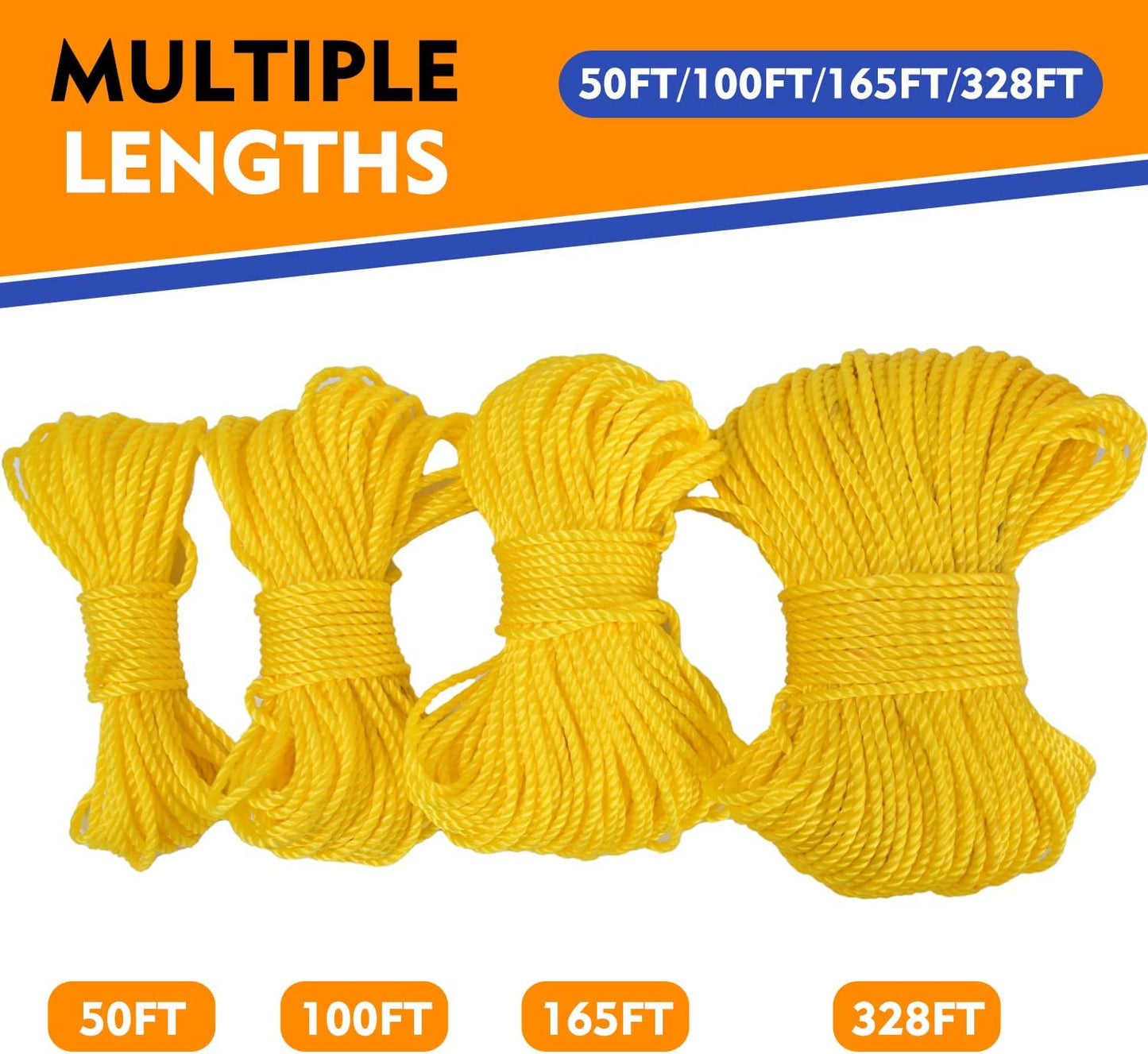 FERRET Ropes Twisted Polypropylene Rope, 1/4" - Floating Poly Pro Cord, Resistant to Oil, Moisture, Marine Growth and Chemicals - Reduced Slip, Easy Knot （Yellow, 328FT）