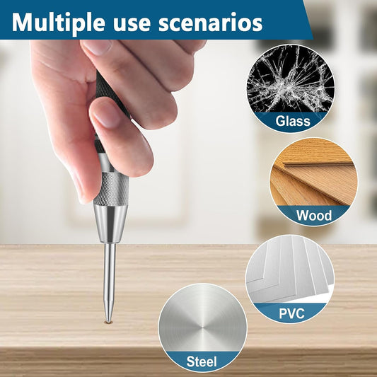 VULTURE Hand drills, hand-operated 2-Piece Duty Automatic Center Punch, Adjustable 5 InchSteel Spring Loaded Center Hole Punch Marker Scriber Tool, for Metal Wood Glass Plastic, Two Extra Replacement Tips