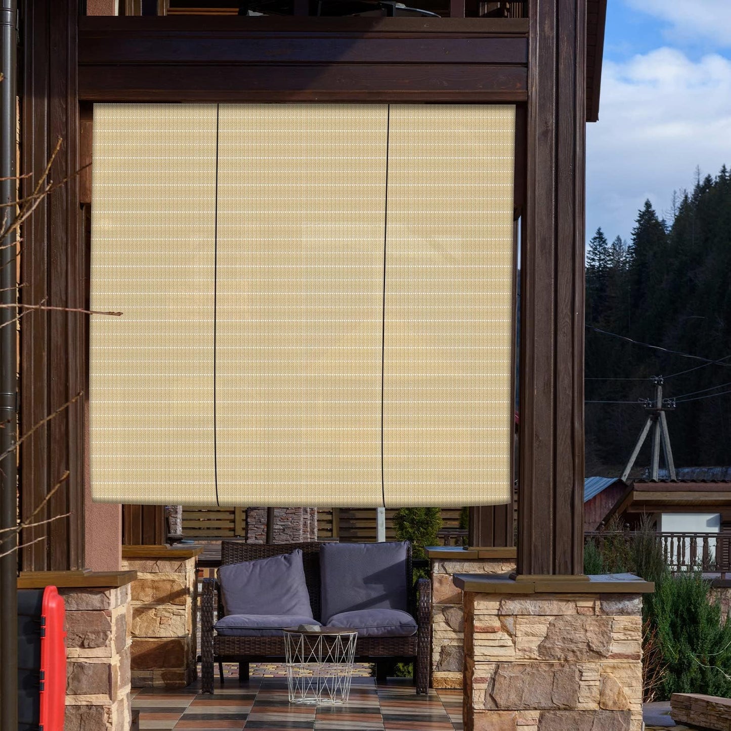 FERRET Outdoor blinds of textile Outdoor Roller Shade, Striped Hollow Out Roll Up Shade Blind Sun Shade for Patio Porch Back Yard Gazebo Deck Balcony (6'W x 6'L, Beige)