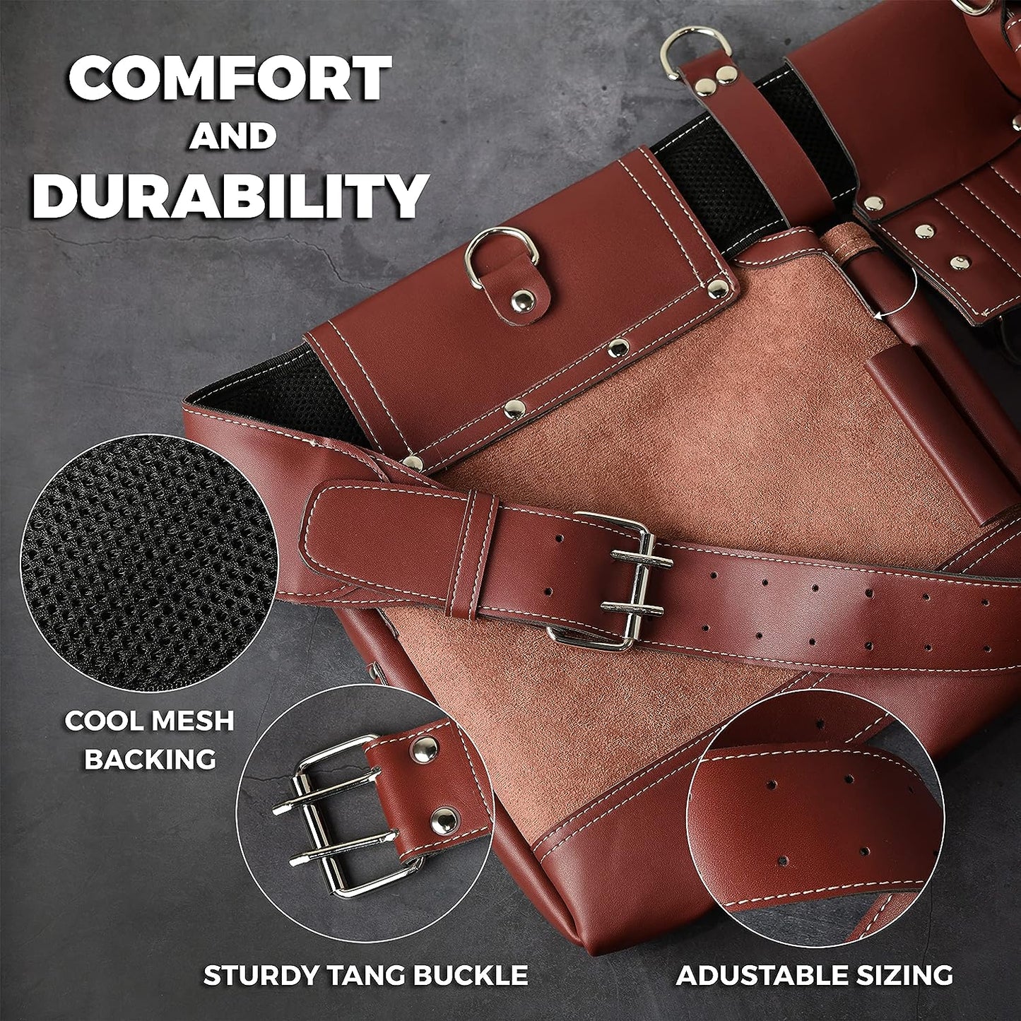 VULTURE Utility tool belts for use in construction 20 Pocket Heavy Duty PU Leather Construction Tool Belt, Work Apron, Tool Pouch, with A Comfortable Leather Cushioned Belt and Strong Buckle - Adjusts from 30” Inches All the Way to 48” Inches