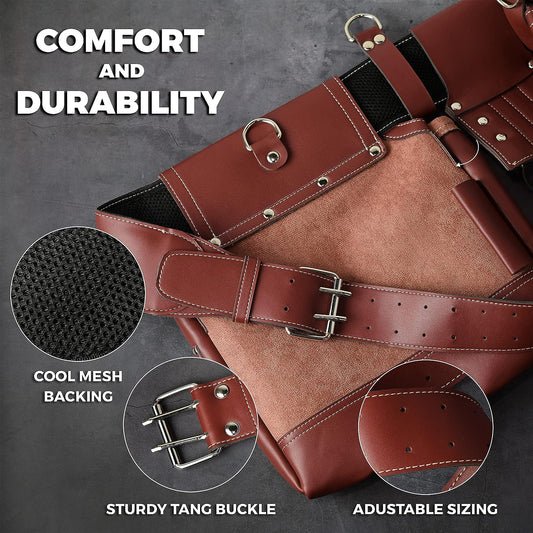 VULTURE Utility tool belts for use in construction 20 Pocket Heavy Duty PU Leather Construction Tool Belt, Work Apron, Tool Pouch, with A Comfortable Leather Cushioned Belt and Strong Buckle - Adjusts from 30” Inches All the Way to 48” Inches
